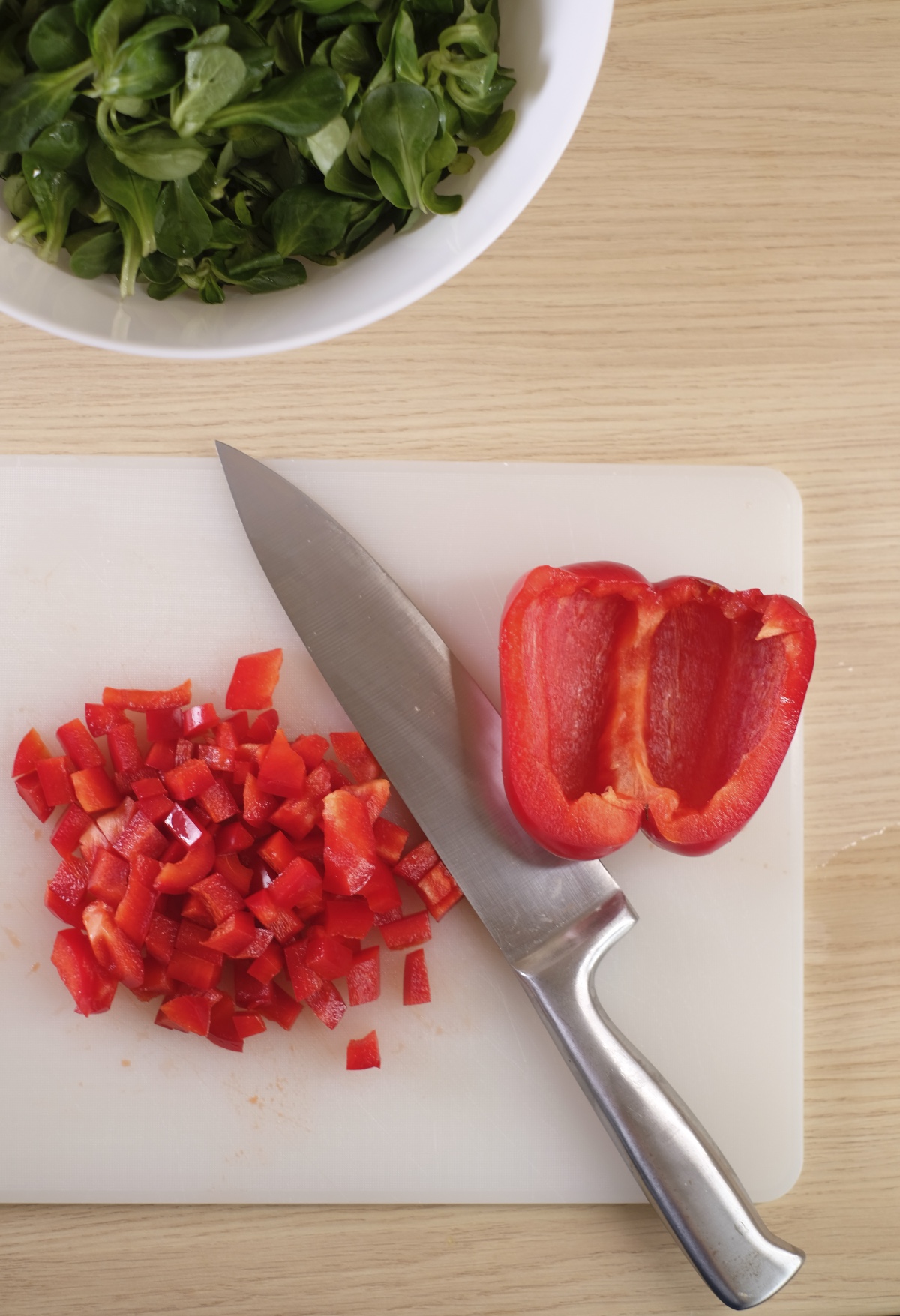 I chopped red bell pepper into small cubes for the spicy egg salad
