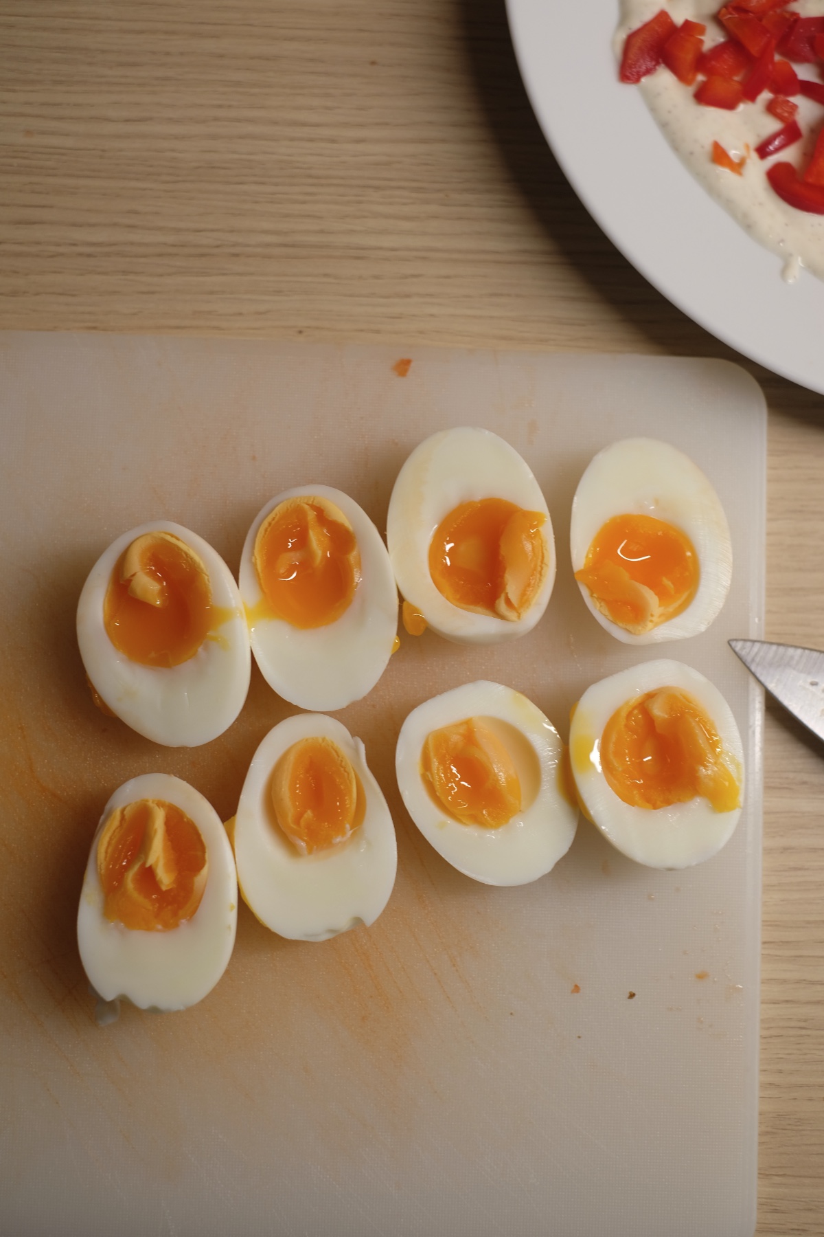 soft boiled eggs cut in half for egg salad